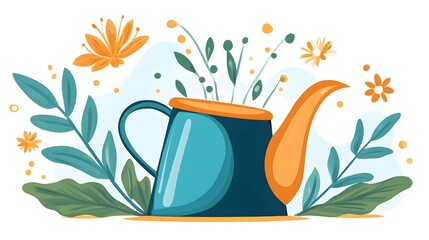 Watering flowers with a colorful watering can garden illustration bright cheerful