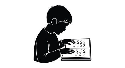 A young boy intently reading a book with braille depicted in a striking silhouette