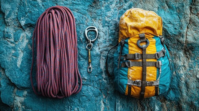 Climbing rope and backpack on rocks - Powered by Adobe