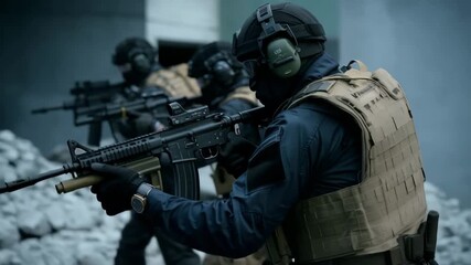 Soldiers in tactical gear engage target with rifles in urban combat scenario