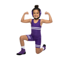 Smiling Young Girl in Purple Wrestling Gear Flexing Muscles on White Background