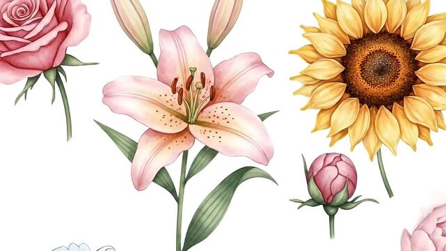 Watercolor Pink Lilies Roses Blue Hydrangea Sunflower Floral Pattern