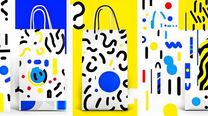 Colorful abstract shopping bags display urban art studio graphic design vibrant environment