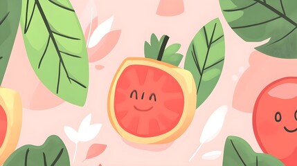 Colorful smiling fruits on pink background digital art whimsical cheerful vibe