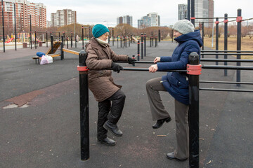 Elderly woman and young woman exercising on outdoor workout equipment. Intergenerational fitness activity for healthy lifestyle in retirement.