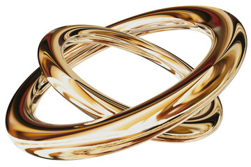 Intertwined golden rings form abstract modern art sculpture suggesting unity connection and metallic elegance against transparent background for graphic design element