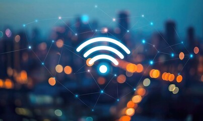 Wireless signal overlaying a blurred city skyline