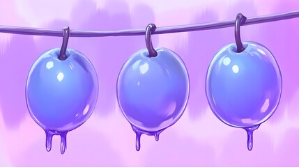 Dripping purple bubbles on a string artistic display abstract environment close view