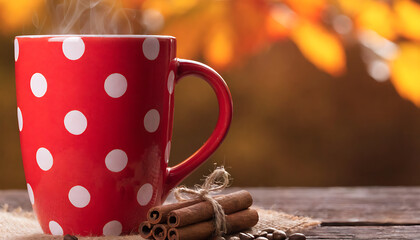 A hot white ceramic mug of black espresso coffee with cinnamon and a red rose sits on a wooden breakfast table, capturing a sweet morning aroma from roasted beans and caffeine