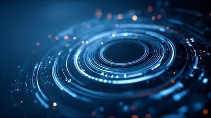 Futuristic blue abstract technology background with rotating digital rings and glowing particles - Powered by Adobe