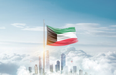 Kuwait national flag waving in sky with modern building skyline. Kuwait national flag for independence day.
