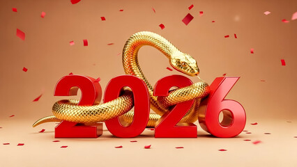 Striking three dimensional representation of the year 2026 featuring a coiled golden snake celebrating the Chinese zodiac arrival with falling confetti pieces.