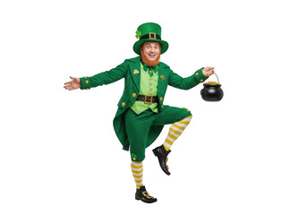 A cheerful leprechaun in green attire dancing with a pot of gold isolated on white background