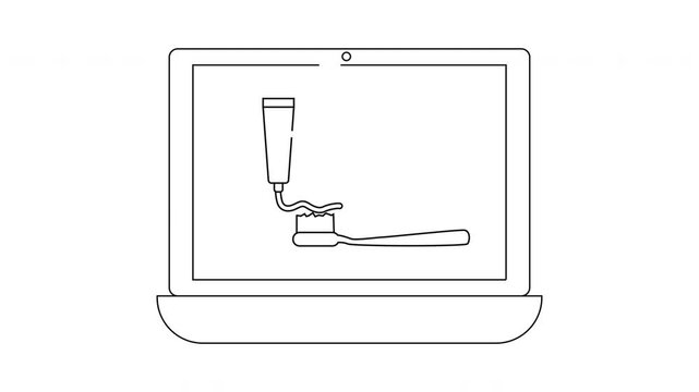 A laptop displaying a tube of toothpaste dispensing onto a toothbrush on the screen