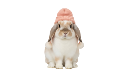 Isolated lop-eared rabbit with a pink knit cap, adorable furry pet animal in studio shot