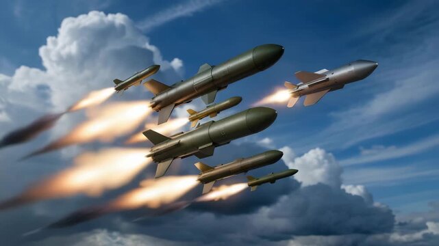 Missiles launching into the sky with flames and smoke trails