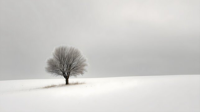 Winter tree stands alone in snowfield