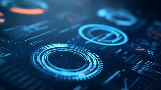 Futuristic blue digital HUD interface with rotating holographic data and sci-fi elements