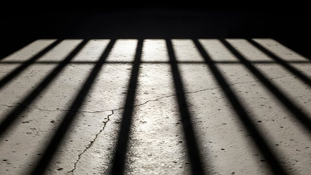 Shadow of Prison Bars on Concrete Floor with Cracks and Dramatic Lighting