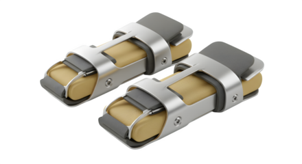 Metal and tan Dobbs bar foot abduction orthosis on black. Studio lighting showcases design for medical or product photography.