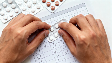Uncertain hands of worried senior checking schedule after consultant in hospital prescribed medication