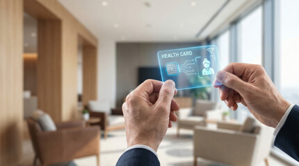 Happy senior consultant holding futuristic digital tablet in modern hospital waiting room checking medical data