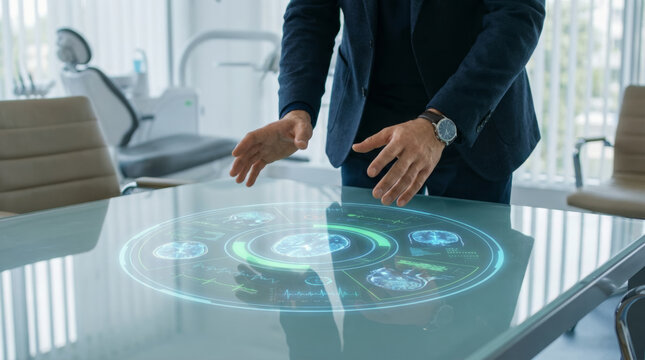 Confident consultant senior using futuristic hologram for medical planning in hospital meeting with professional focus - Powered by Adobe