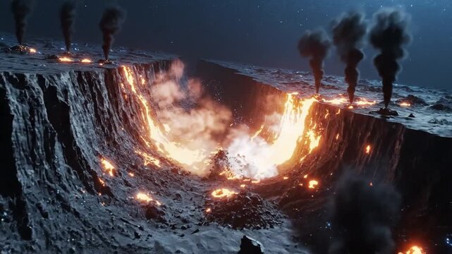 Dramatic alien landscape with molten lava erupting from a deep chasm under a starry sky