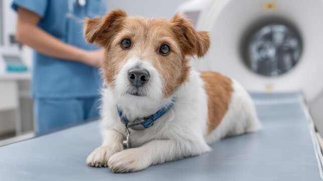 Dog in Veterinary Clinic Preparing for MRI Scan with Professional Veterinarian in Background, Focused and Calm Atmosphere in Modern Animal Hospital