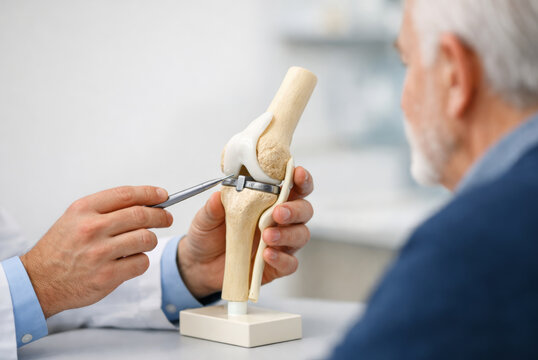 Senior patient consulting with orthopedic consultant in hospital about knee replacement surgery using anatomic model