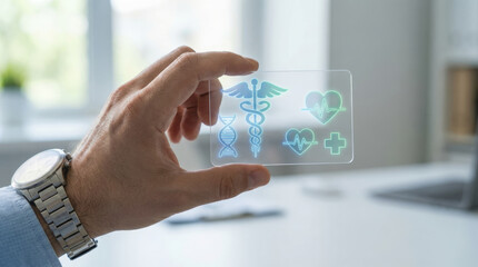 Futuristic senior consultant hand holding transparent card with medical icons in modern hospital showing innovation