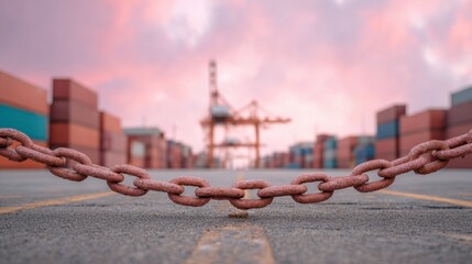 Naklejka premium Heavy industrial chain links blocking access in a shipping yard filled with cargo containers at sunset with colorful clouds in the background