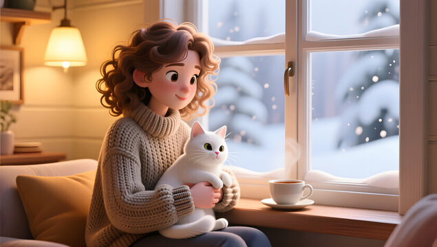 Curly-Haired Girl Relaxing with Cat by the Window