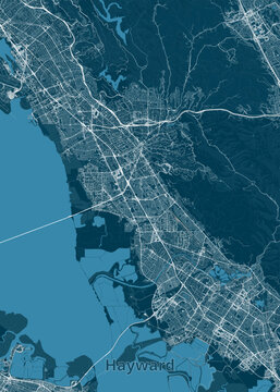 Map of Hayward, California, rendered in shades of blue and white. The map highlights the city's layout, including streets, waterways, and geographical features.