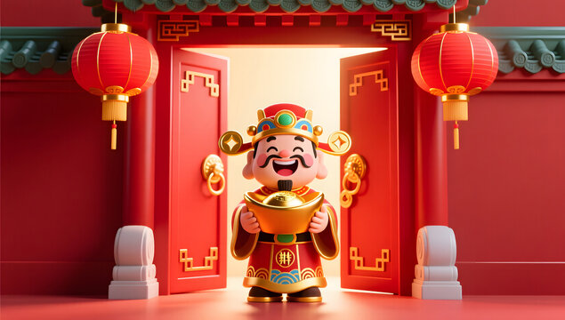 God of Wealth Opens Door for Festive Celebration