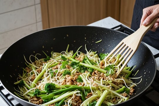 Frisches Wok-Gericht mit Karotten, Sprossen und gr&uuml;nen Kr&auml;utern
