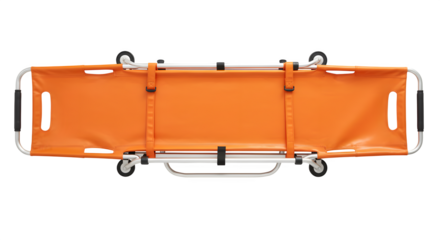 Orange emergency gurney offers a clean design on a black backdrop. Ideal for medical presentations, healthcare branding, and emergency services posters.