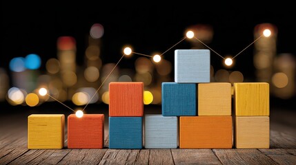 Stacked Colorful Wooden Blocks With Growing Graph Line Against Blurred City Lights Background