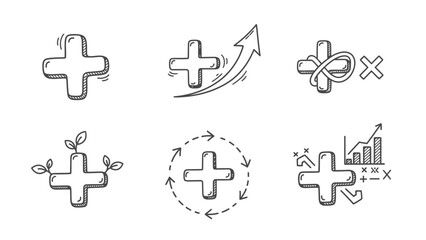 Hand drawn plus icons showing positive growth and circular progress symbols