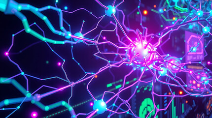 Digital neural network glowing with neon colors