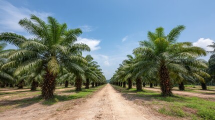 Fototapeta premium Lush Green Palm Oil Plantation Under Bright Blue Sky with Fluffy White Clouds and Sunlight Shining on Vibrant Green Trees and Dirt Pathway