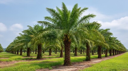 Fototapeta premium Lush Green Palm Tree Field Under Clear Blue Sky With Soft Clouds in Background Showcasing Nature's Beauty and Vibrancy in Agriculture Landscape
