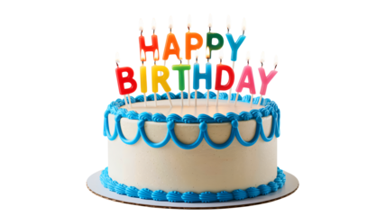 Birthday Cake with Candles in White and Blue Decorations for Celebration