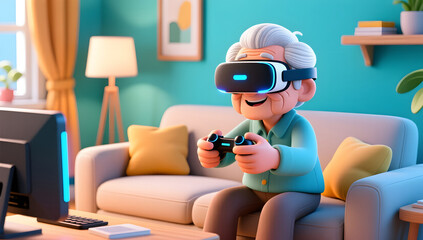 Silver-haired elderly enjoying VR technology at home