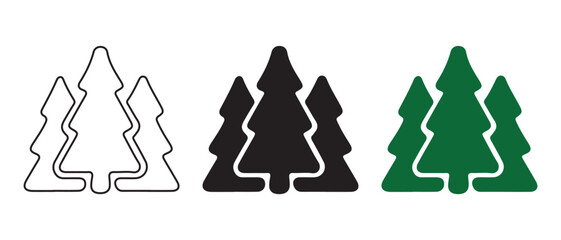 Stylized Evergreen Trees Icon Set. Outline, Black, and Green Colors.