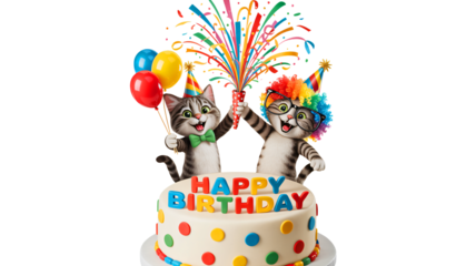 Two cats on birthday cake with fireworks and balloons in vibrant colorful lighting for celebration