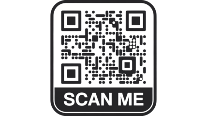 Dark gray QR code with scan me text on white background