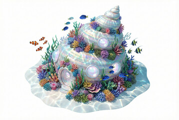 Isometric Underwater Shell Mansion with Coral Reef and Tropical Fish