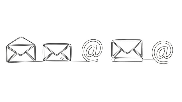 Continuous line illustration of envelopes and at symbols representing email communication flow