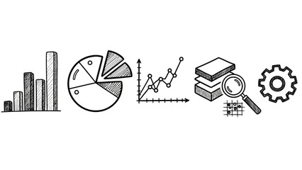 Hand drawn data visualization and analytics icons showing charts and tools
